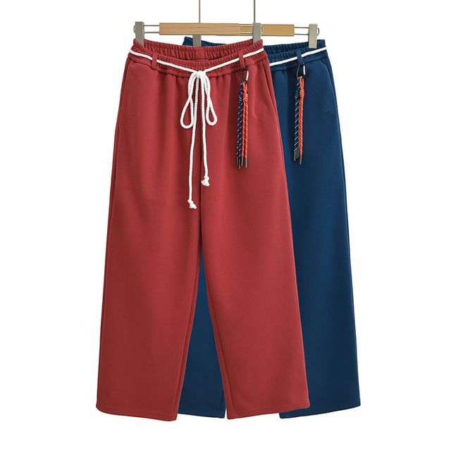 Asiris-Drawstring Waist Plain Wide Leg Pants