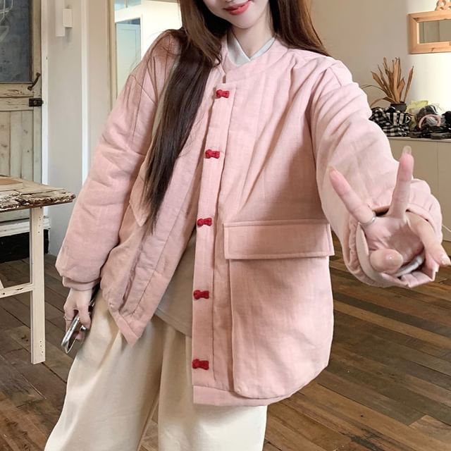 Trendycas-V-Neck Frog Buttoned Plain Jacket Long-Sleeve Top Wide Leg Pants