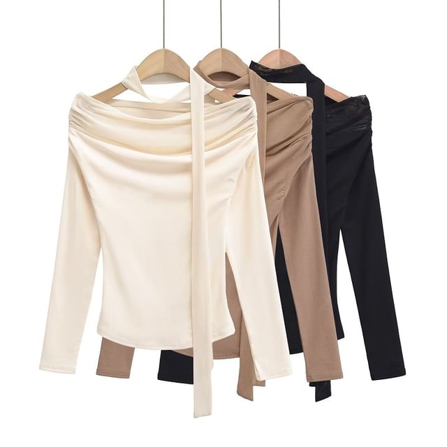 Hollahop-Long Sleeve Off Shoulder Plain Ruched Top