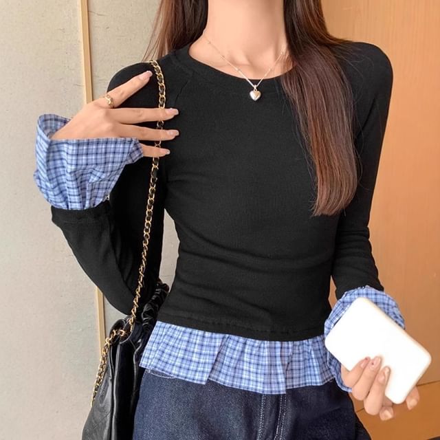 Cloud Nine-Mock Two-Piece Flared-Cuff Plaid Ruffle T-Shirt