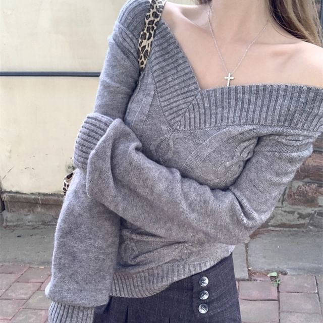Beem-Off-Shoulder Plain Cable-Knit Sweater