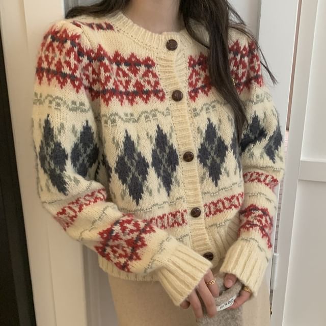Beem-Round Neck Argyle Cardigan