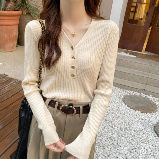 Magimomo-Long-Sleeve Plain Ribbed Henley Knit Top