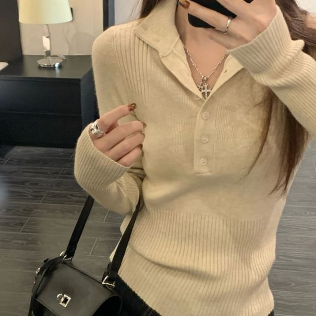 Beem-Long Sleeve Stand Collar Plain Crop Knit Top