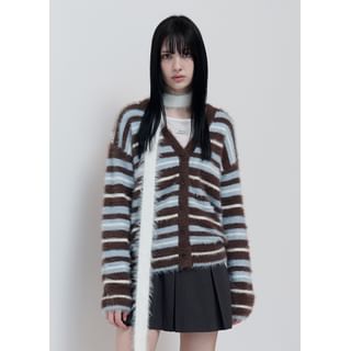 rolarola - V-Neck Striped Fluffy Cardigan (Brown) | YesStyle