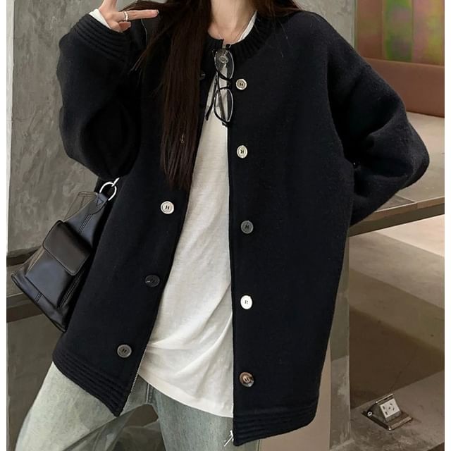 Trendycas-Round Neck Plain Oversized Zip Cardigan