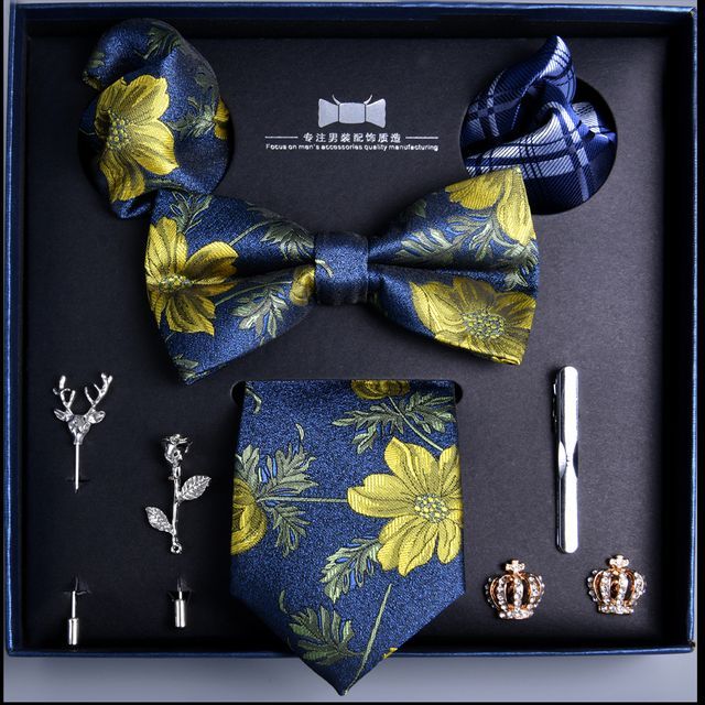 NINIRUSI Set: Neck Tie + Bow Tie + Tie Clip + Cufflinks + Lapel Pin Blue One Size