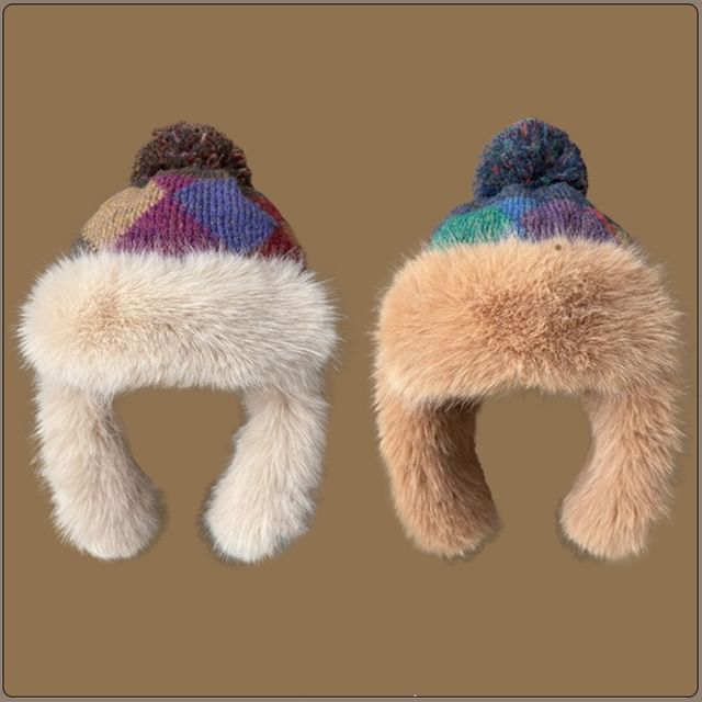 4-4 STUDIO-Argyle Fluffy Trim Pom Pom Trapper Hat