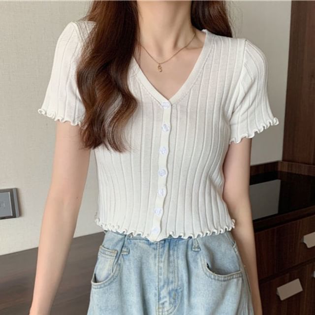 Sisyphi-Short-Sleeve V-Neck Plain Ribbed Lettuce Edge Button-Up Knit Top