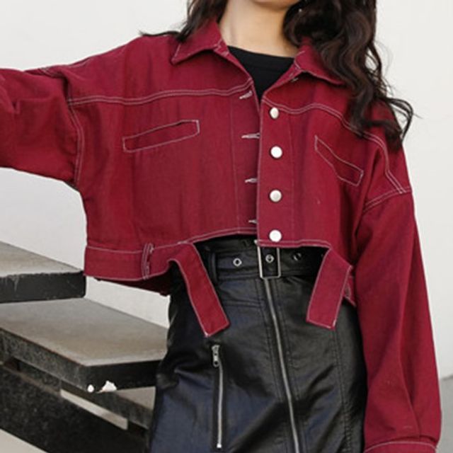 Deep Red Cropped Denim Jacket