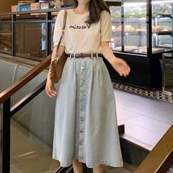 Apotheosis - Short-Sleeve Lettering Print T-Shirt / Washed Denim Midi A-Line Skirt / Set Apotheosis - Short-Sleeve Lettering Print T-Shirt / Washed Denim Midi A-Line Skirt / Set