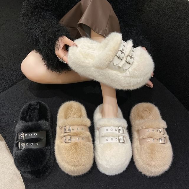 Vindler-Fleece Buckled Platform Sandals