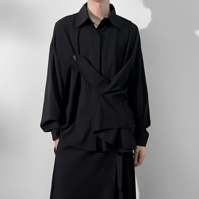 JUN-LEE-Long-Sleeve Plain Shirt