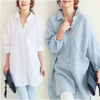 INEN-Long-Sleeve Plain Button-Back Oversized Shirt