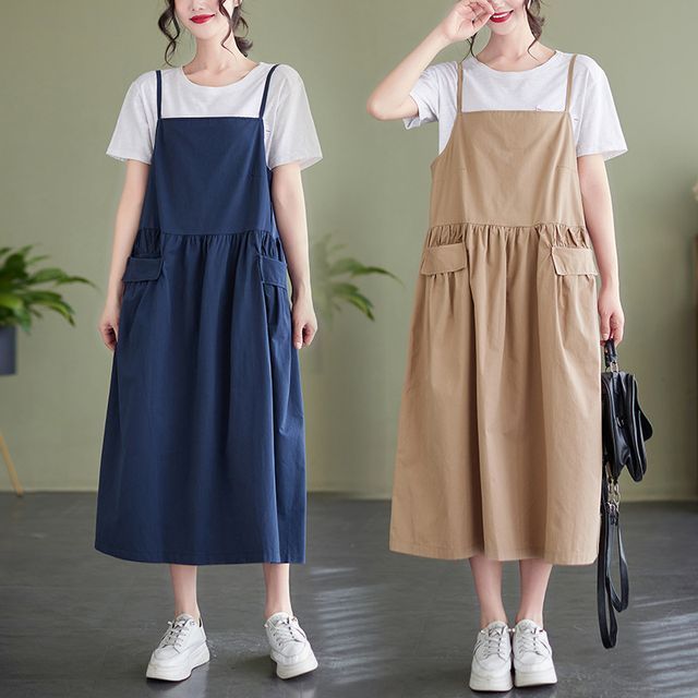 Lewwe-Pocket Dungaree Midi Dress
