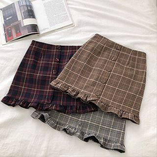 DIYI - Plaid Ruffle-Hem High-Waist A-Line Skirt | YesStyle