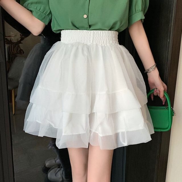 Sisyphi-High Waist Plain Mini Tiered Skirt