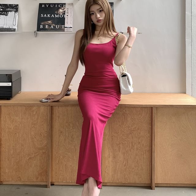 PINPI - Spaghetti Strap Plain Midi Bodycon Dress