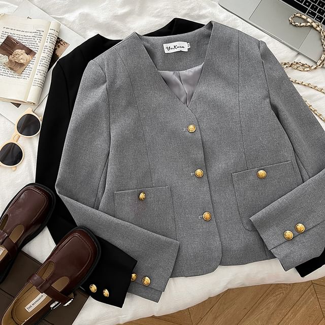 DIYI-V-Neck Button-Up Plain Blazer
