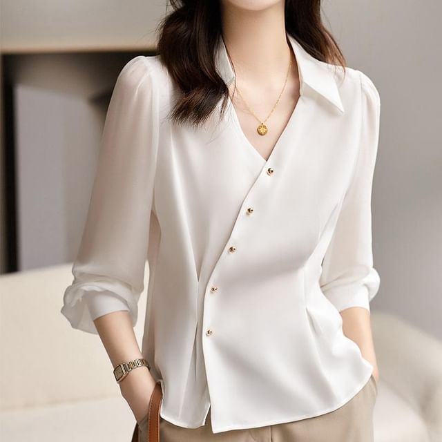 Jeonseon-Long-Sleeve V-Neck Collared Asymmetrical Button-Up Plain Blouse