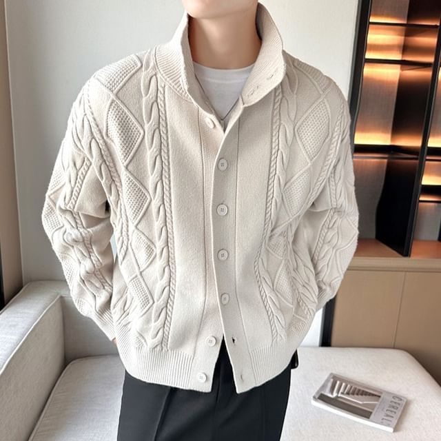 Urtishia-Plain Collared Button-Up Cable Knit Cardigan