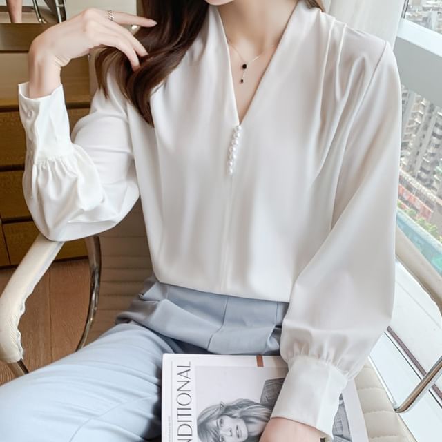 Dragan Pulse-Long-Sleeve V-Neck Satin Plain Blouse