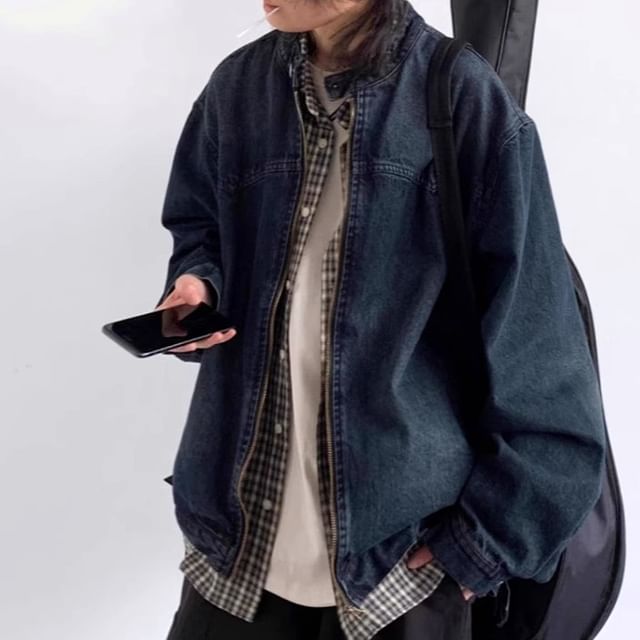 Savenne-Stand Collar Washed Denim Zip Jacket