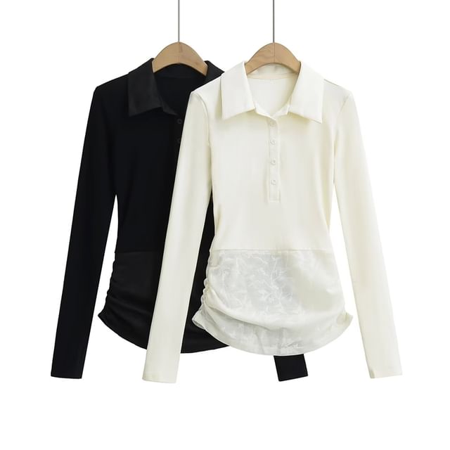 Ulark-Long-Sleeve Lace Panel Polo Shirt