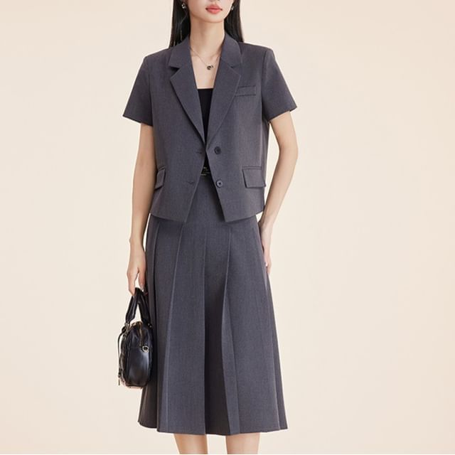Princess Min-Set Short-Sleeve Lapel Collar Plain Single Breasted Blazer High Waist Plain Midi Pleated A-Line Skirt