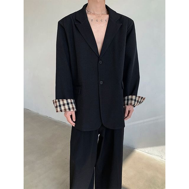 Freehop-Lapel Collared Plaid Cuff Single Breasted Oversized Blazer