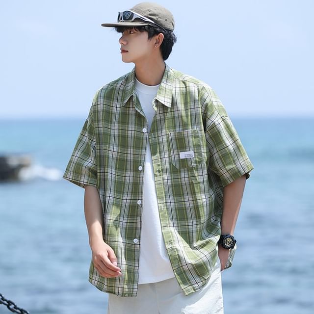 Plummie-Elbow-Sleeve Plaid Button-Up Shirt