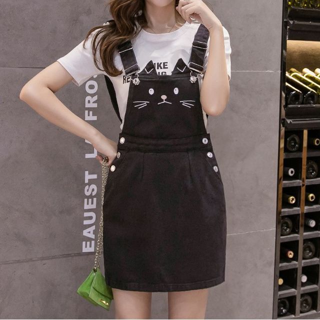 HYAKU - Cat Embroidered Mini Sheath Dungaree Dress | YesStyle