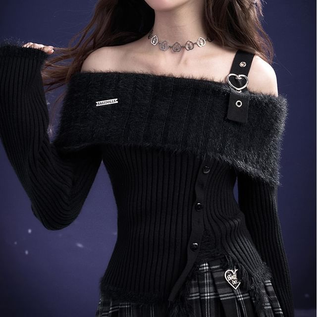 Sagidolls-Long-Sleeve Cold-Shoulder Buckled Fluffy Panel Button Ribbed Knit Top