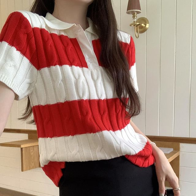 ANORA-Short Sleeve Striped Cable Knit Polo Top