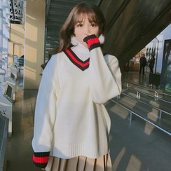 HotBlock - Contrast Trim V-Neck Long Sweater HotBlock - Contrast Trim V-Neck Long Sweater