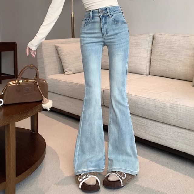 Trendycas-High Waist Washed Flared Jeans