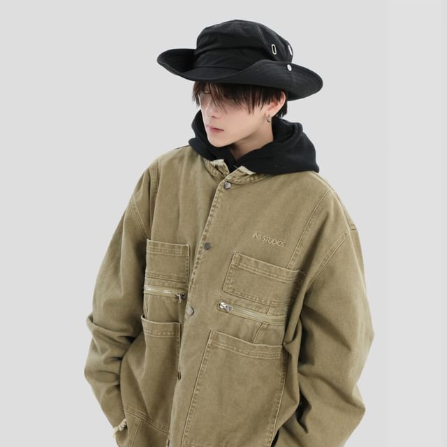 INStudio-Crewneck Denim Button-Up Jacket