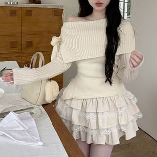 Okalpis Cold Shoulder Plain Sweater Mid Waist Mini Tiered Skirt