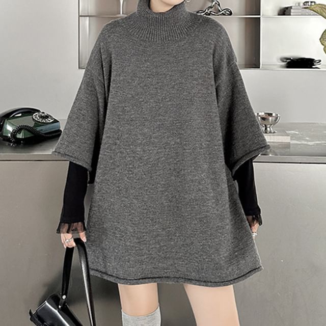 KUMI-34-Sleeve Turtleneck Plain Oversized Sweater