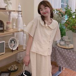 Honey Diary - Asymmetrical Short-Sleeve Blouse / Midi A-Line Skirt