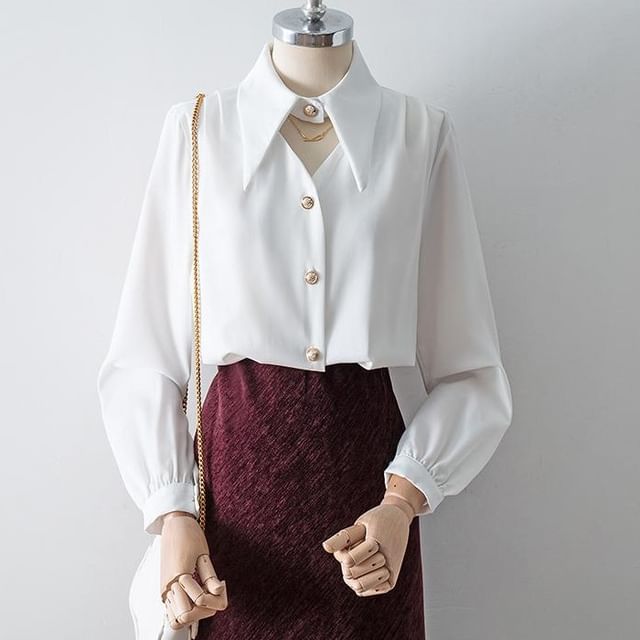 Cossita-Long Sleeve Collared V-Neck Plain Button Up Shirt