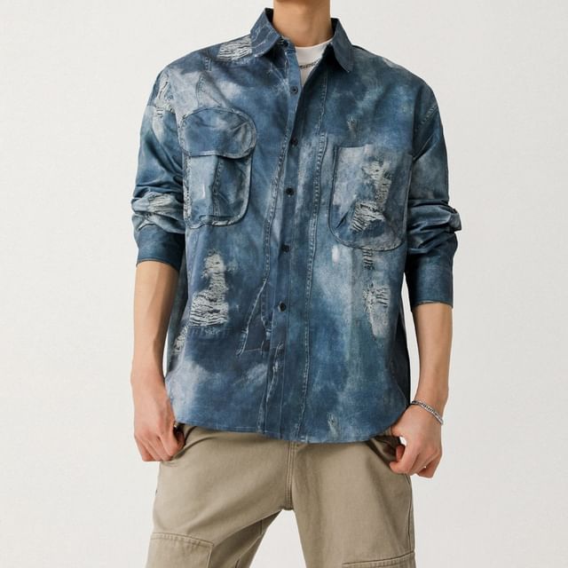Omozando-Tie Dye Distressed Denim Shirt