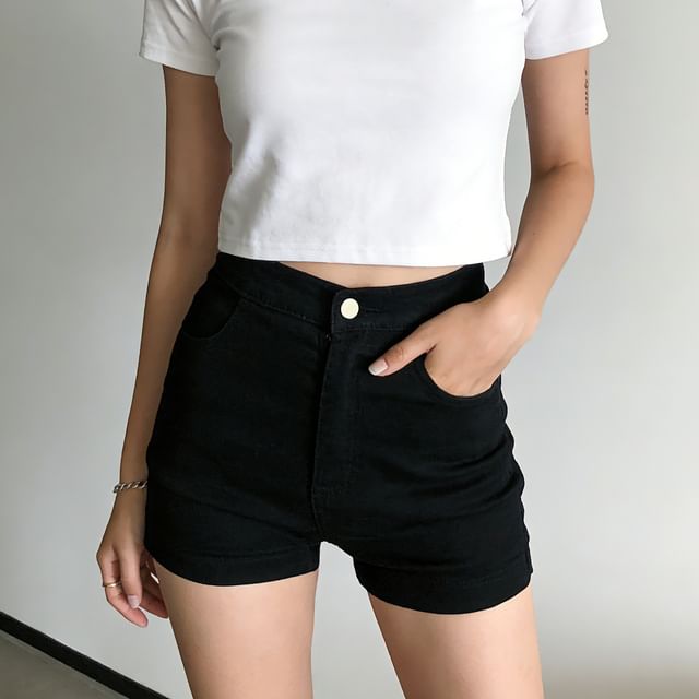 Denimot-High Waist Plain Denim Shorts