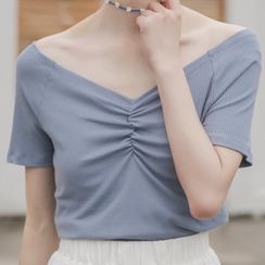 XOXO - Shirred Front Off-Shoulder Knit Top