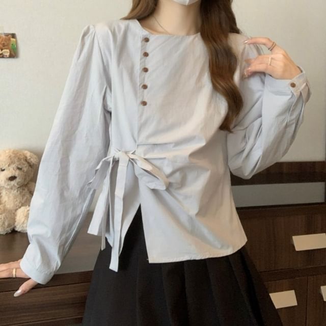 Shinsei-Long Sleeve Crew Neck Plain Tie-Up Slit Blouse