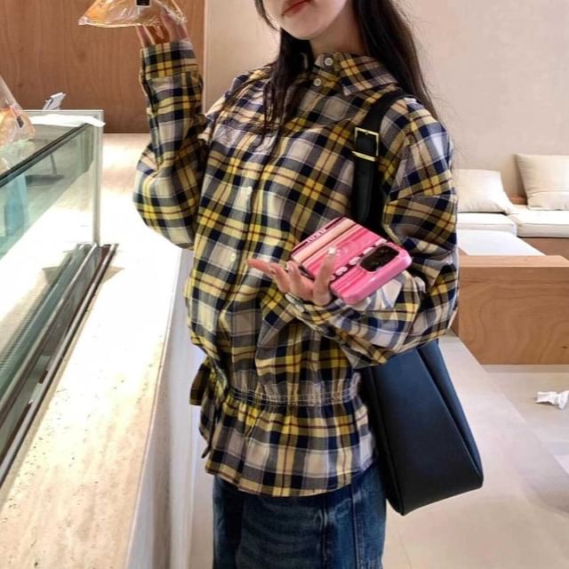 monroll-Long-Sleeve Plaid Peplum Shirt