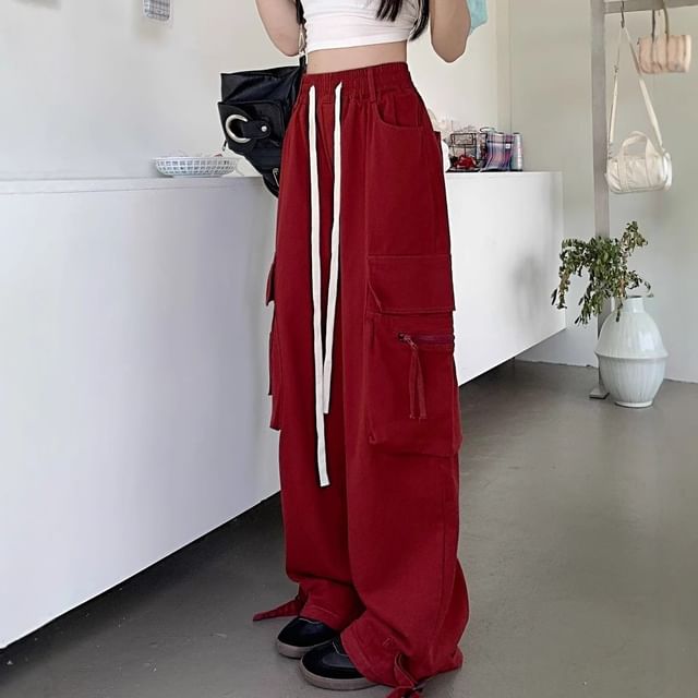 Cloud Nine-Drawstring Waist Plain Baggy Cargo Pants