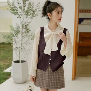 Lady Jean - Ribbon Bell-Sleeve Blouse / Single-Breasted Cable Knit