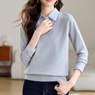 Dragan Pulse-Long-Sleeve Collared Mock Two-Piece Striped Panel Knit Top