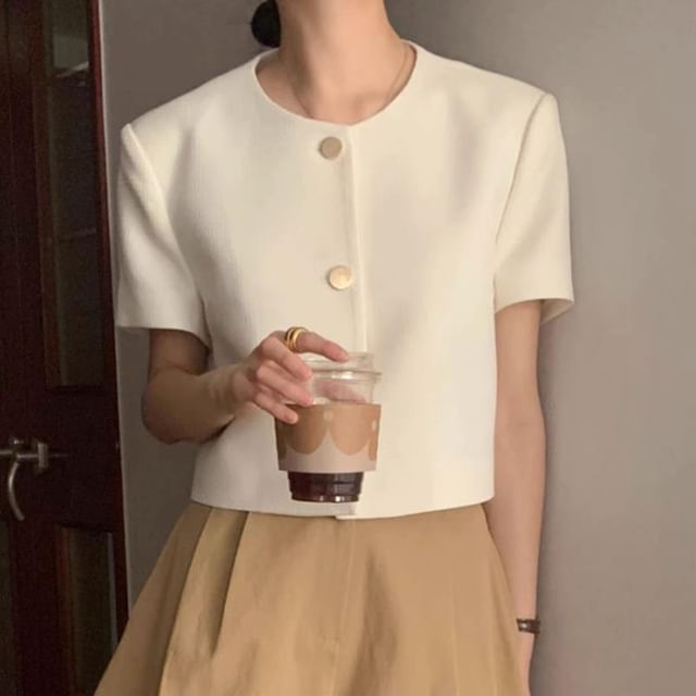 KONGER-Short-Sleeve Crewneck Button-Up Plain Jacket